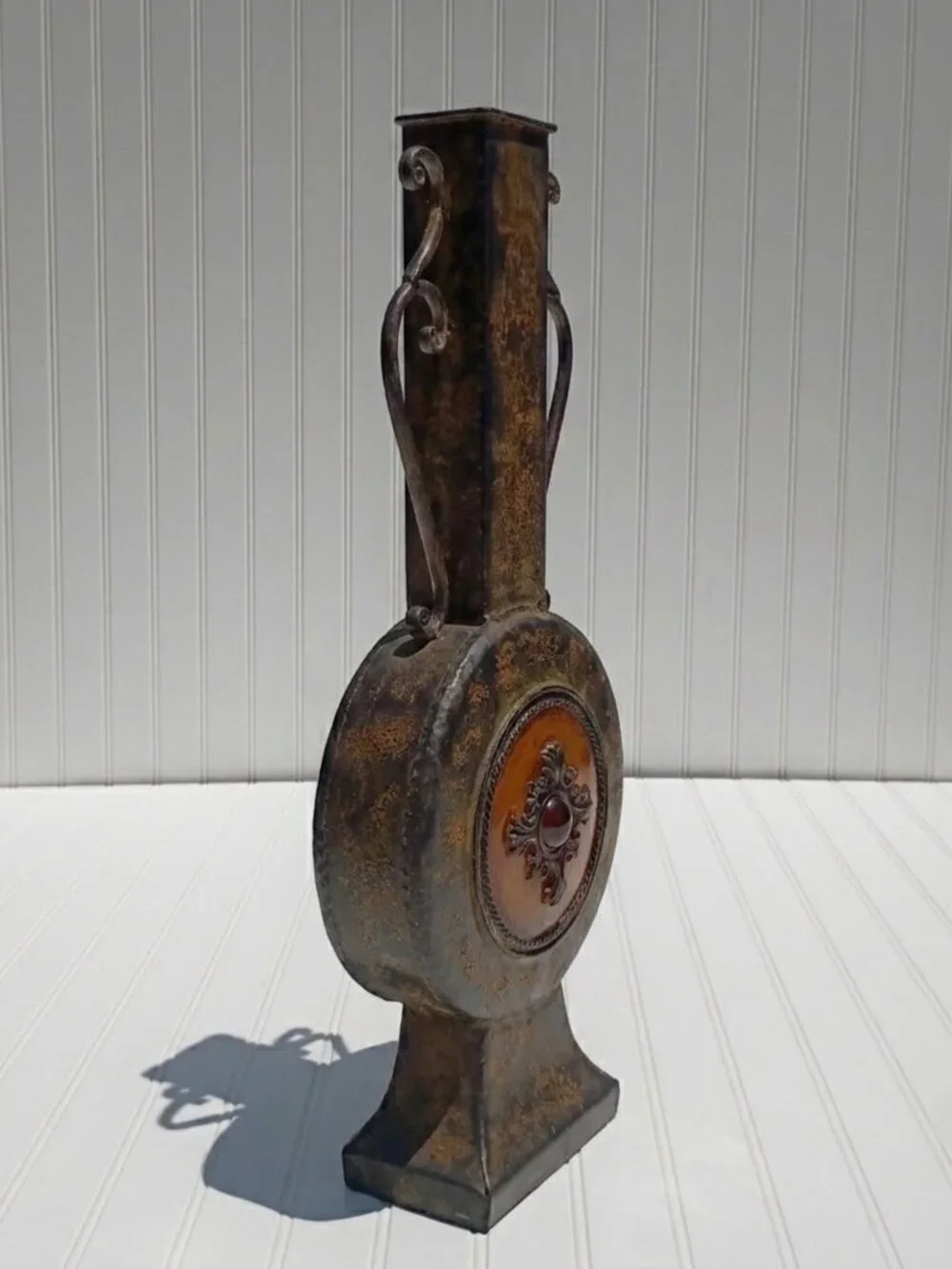 Tuscan Style Metal Vase Hand Forged Wrought Iron Bronze Finish Rustic Handles